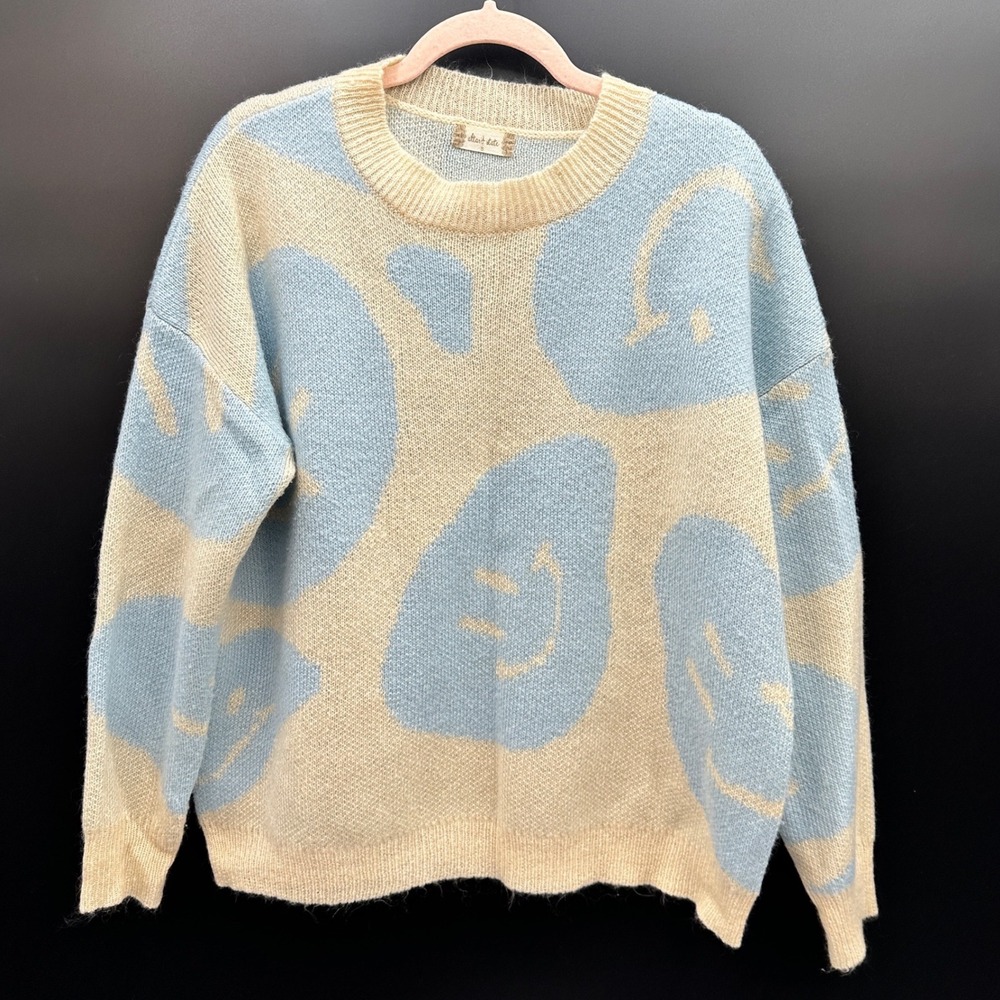 Altar'd State Blue Cream Smiley Face Knit Sweater Womens Small